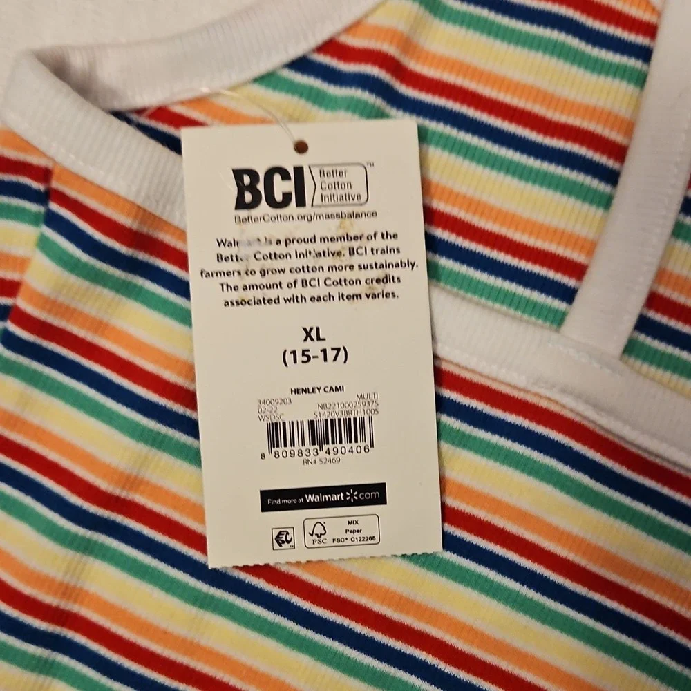 BCI‎ Girls XL Multicolor Striped Henley Cami Sleeveless Top Button Accent